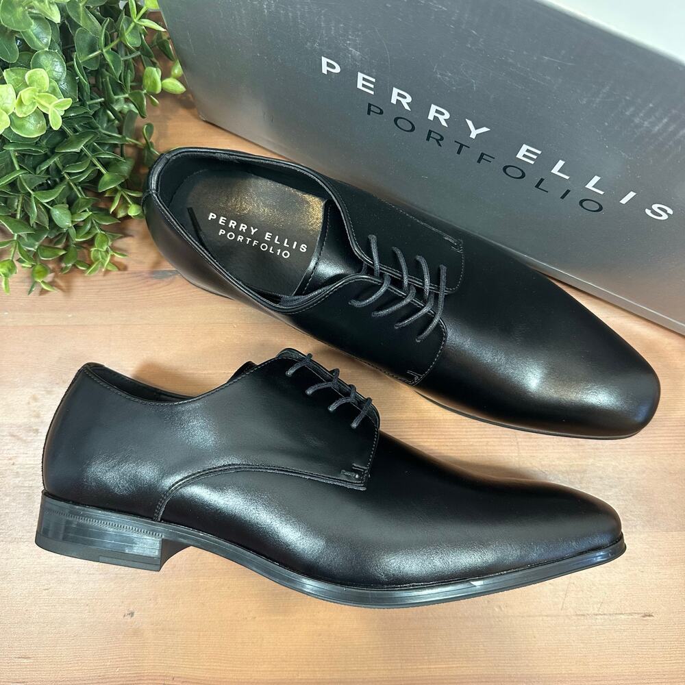 Perry Ellis Portfolio Black Leather Oxfords‎ Shoes Size 10.5